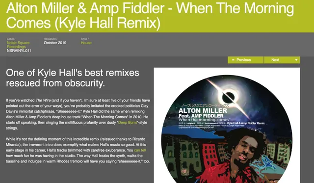 Resident Advisor&nbsp;review&nbsp;Kyle Hall’s remix of Alton Miller&nbsp;