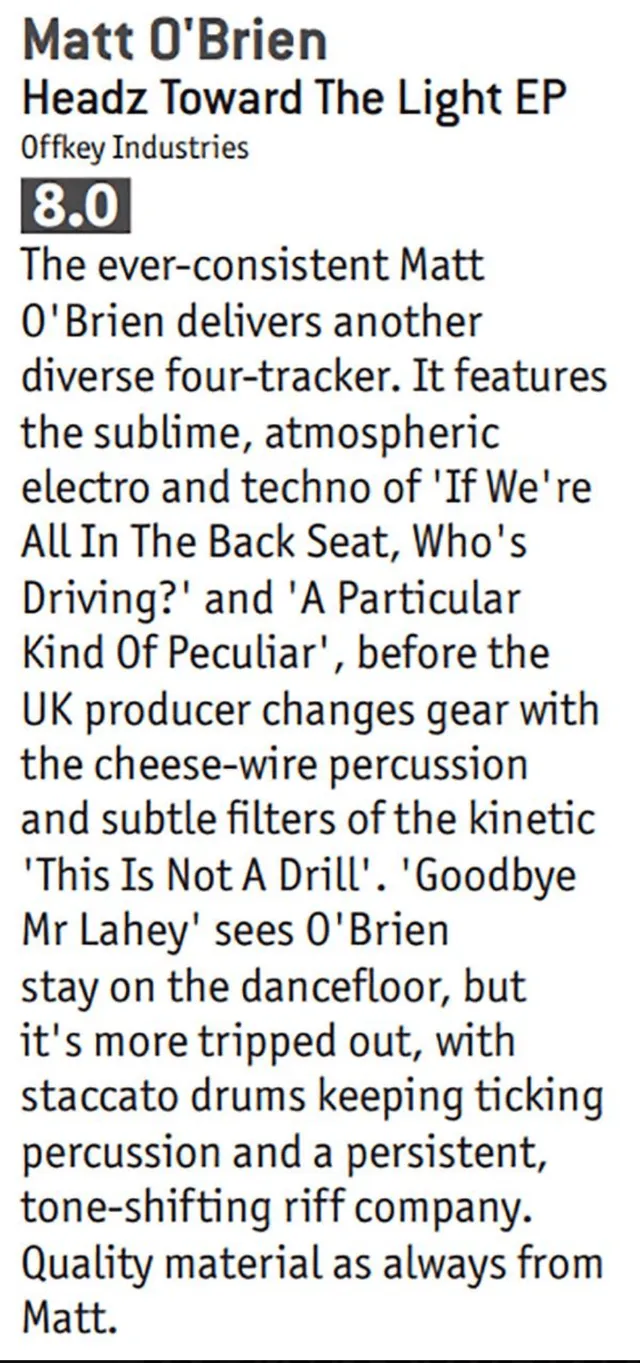 Matt O’brien gets 8/10 in the latest DJ Mag
